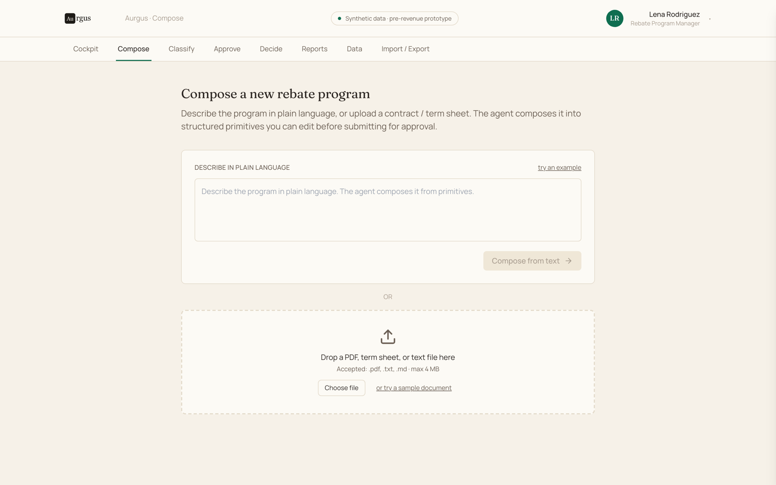 Compose surface — natural language or PDF, AI extracts structured primitives
